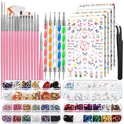 Nail Art Brushes Set, FANDAMEI Nail Design Kit, Nail Art Dotting Pens, Nail Stickers, Butterfly Nail Art Sequins, Nail Foils, Nail Art Flakes Iridescent, Rhinestones For Nails