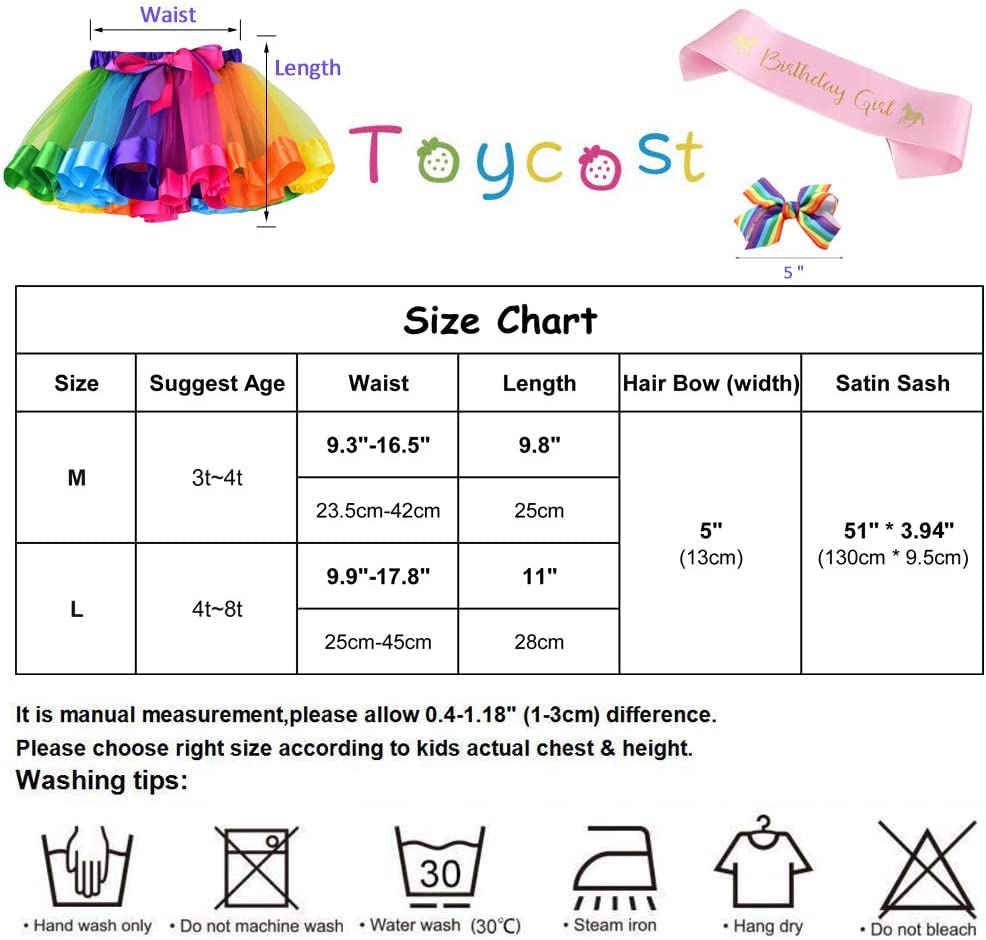 Toycost Layered Rainbow Tutu Skirt Costumes Set with Hair Bows Clips and Satin Sash for Girls Birthday Party Dress up