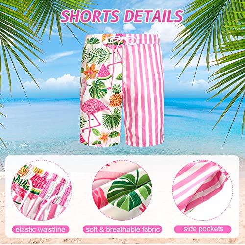 4Pcs Men's Hawaiian Shirt and Short Set Casual Button Down Summer Beach Flower Outfits with Bucket Hats and Sunglasses (Flamingo, M Size)