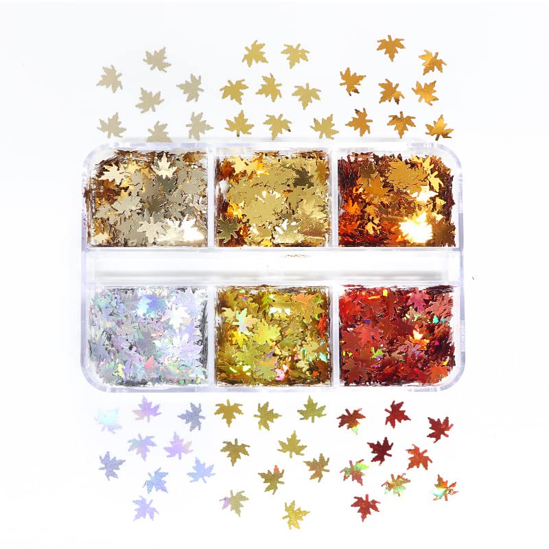 Maple Leaf Nail Glitter Sequins 3D Holographic Fall Leaves Nail Art Flakes 6 Colors Laser Autumn Leaf Nails Decals Stickers for Acrylic Nails Decorations DIY Crafts