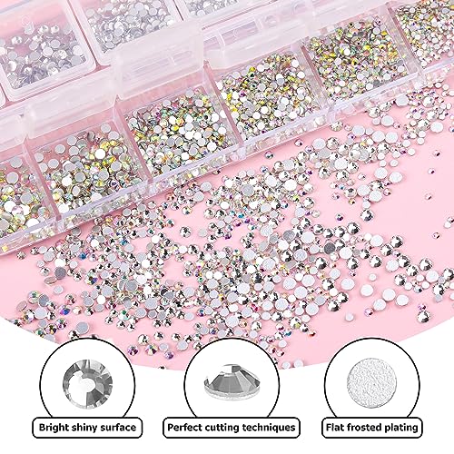 TEOYALL Nail Rhinestones Kit, 3600 PCS Flat Back Glass Crystal Gems, Nail Gel Glue 20g, Nail Brush Picker Tweezer for Nail Art Design Home Salon Uses (AB+Transparent)