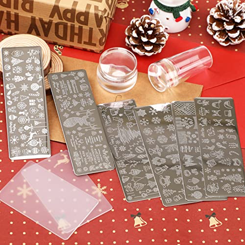 JUNEBRUSHS 10Pcs Christmas Nail Stamping Plates, 6Pcs Nail Art Templates 2 Nail Stamper 2 Scraper with Snowflakes Snowman Santa Xmas Tree Ball Elk Nail Stencils Image Plates Tools(Christmas Style)