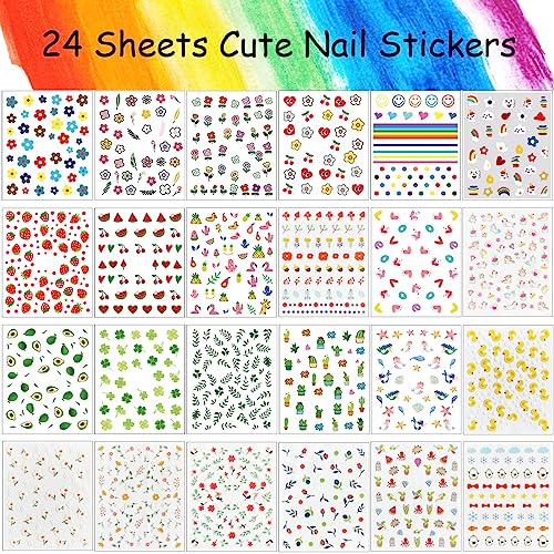 24 Sheets Nail Stickers for Kids, Cute Nail Art Decals for Little Girls, 3D Self-Adhesive Flowers Fruits Leaves Rainbow Hearts Mermaid Snow Nail Decoration for Women, DIY Manicure Supplies Accessories