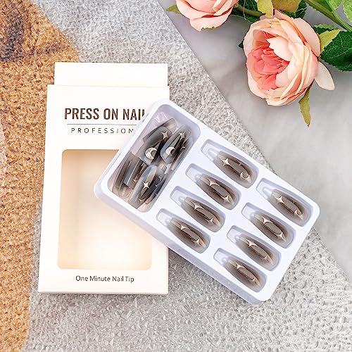 24Pieces Press on Nails Medium Length Coffin Fake Nails Grey Black False Nails with Moon Stars Design Stick on Nails Full Cover French Glossy Glue on Nails