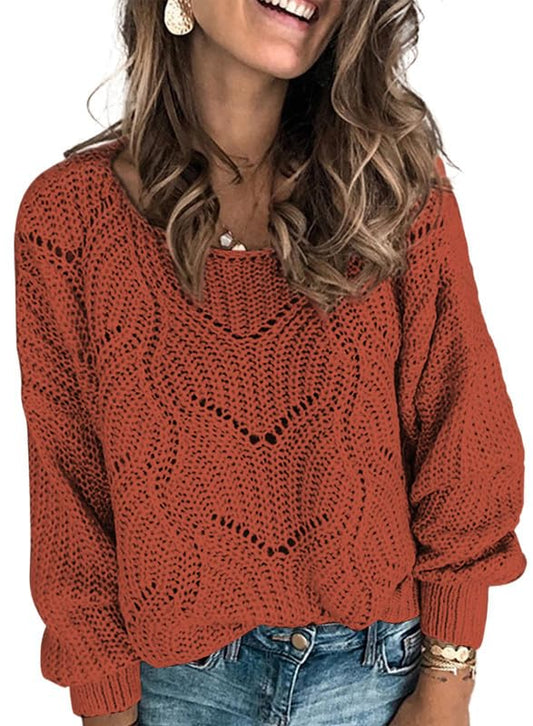 Dokotoo Womens Winter Fall Crewneck Sweaters Long Sleeve Solid Hollow Out Autumn Winter Fall Plain Casual Loose Chunky Knit Pullover Sweaters Jumper Tops Red X-Large