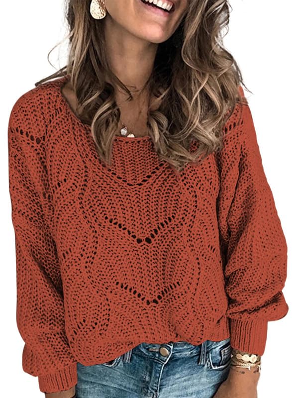 Dokotoo Womens Winter Fall Crewneck Sweaters Long Sleeve Solid Hollow Out Autumn Winter Fall Plain Casual Loose Chunky Knit Pullover Sweaters Jumper Tops Red X-Large