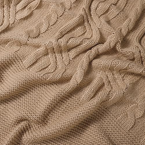 Amélie Home Cable Knit Throw Blanket, Soft Cozy Lightweight Knit Throw Blanket, Farmhouse Soft Fall Light Throw Blanket for Couch Sofa Bedroom, 50" x 60", Beige