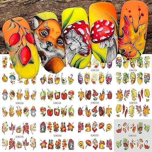 12 Sheets Fall Nail Art Stickers Decals Maple Leaf Pumpkin Pinecone Design Water Transfer Nail Foils Decals Autumn Nail Art Decorations Thanksgiving Day Acrylic Slider Watermark Nail Decals for Women
