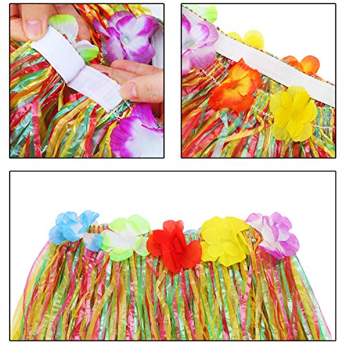 Gejoy 7 Pieces Hawaiian Luau Hula Grass Skirt with Large Flower Costume Set Girl's Flower Bracelets Headband Necklace Hibiscus Hair Clip for Dance Performance Party Decorations Favors Supplies