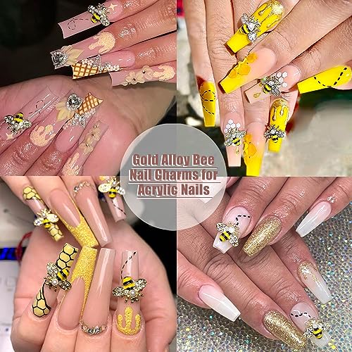 RODAKY 10 Piece 3D Bee Shape Nail Art Charms Gold Alloy Nail Jewelry for DIY Design Cute Kawaii Shiny Nail Crystal Rhinestone Crafts Decoration Nail Accessories for Women and Girls