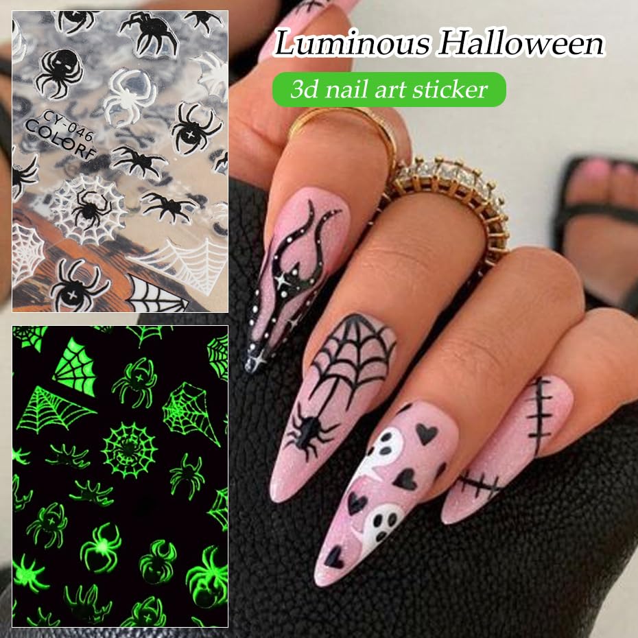 6 Sheets Halloween Nail Art Stickers Glow in Dark Nail Decals Skull Head, Bat, Spider Web, Cat, Alien Design Nail Stickers Luminous 3D Self Adhesive Decals Halloween Nail Decorations for Women Kids