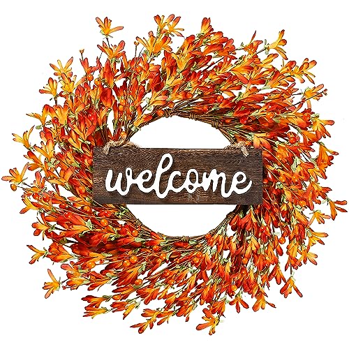 Sggvecsy Artificial Fall Wreath 20’’ Autumn Front Door Wreath Harvest Wreath with Forsythia Flowers Orange Berries Welcome Sign for Outside Indoor Wall Window Festival Thanksgiving Fall Autumn Decor