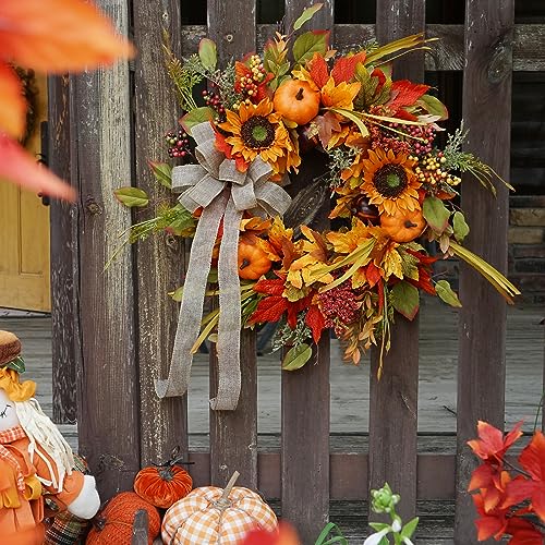 Fall Wreaths for Front Door, Sunflower Autumn Wreath, Pumpkins and Burlap Bows, for Halloween Christmas Farmhouse Indoor Outdoor Outside