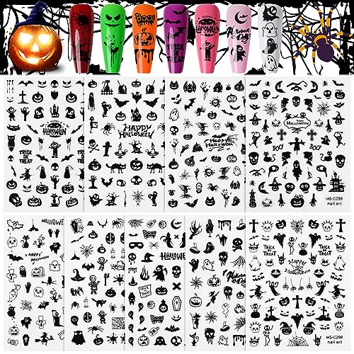 EBANKU 9 Sheets Halloween Nail Stickers, Self-Adhesive 3D Halloween Nail Art Stickers Pumpkins Bats Skeleton Designs Nail Decal Black Transparent DIY Nail Decoration Designs Halloween for Women Girls