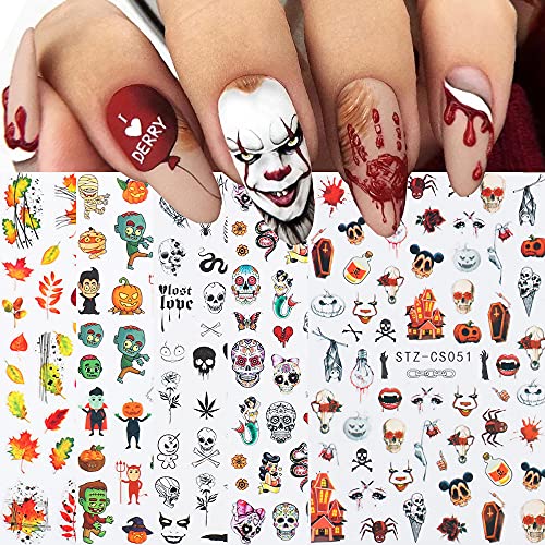 Autumn & Halloween Nail Stickers, 9 Sheets Skull Nail Decals 3D Self-Adhesive Fall Leaves Pumpkin Bat Ghost Spider Web Skeleton Pattern Nail Art Design for Thanksgiving Halloween Party