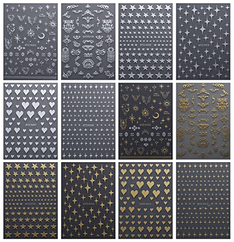 JMEOWIO 12 Sheets Moon Star Nail Art Stickers Decals Self-Adhesive Pegatinas Uñas Gold Silver Nail Supplies Nail Art Design Decoration Accessories