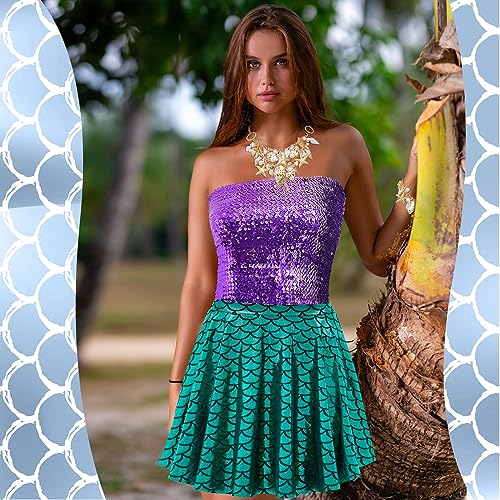 Newcotte 4 Pcs Mermaid Costume for Women Purple Sequin Mermaid Crop Tops Mermaid Skirts Mermaid Shell Necklace and Bracelet (Medium)