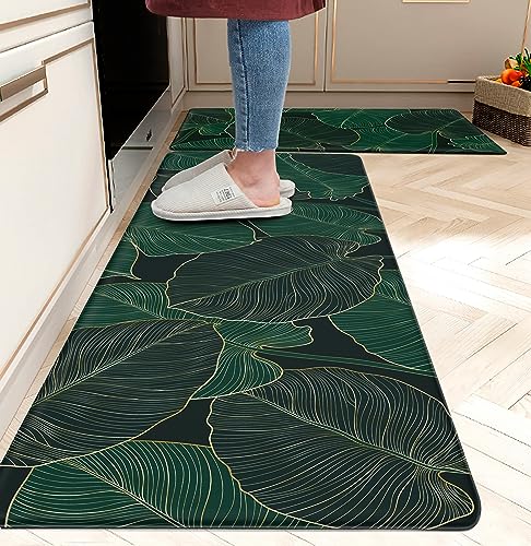 Kitchen Mats For Floor Cushioned Anti Fatigue Emerald Green Monstera Leaf Kitchen Floor Mat Memory Foam Boho Kitchen Rugs Luxury Gold And Natural Comfort Standing Pvc Leather Kitchen Rugs sets of 2