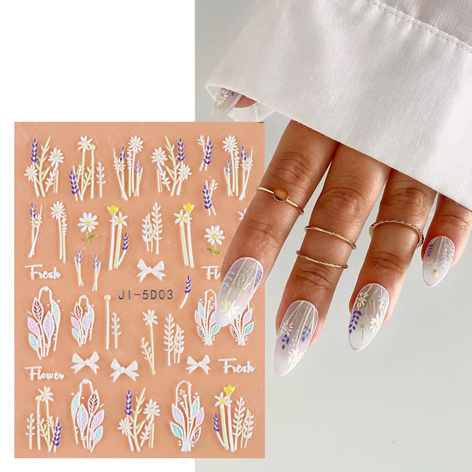 3D Embossed Flower Leaves Nail Art Stickers Decals 4 Sheets 5D Self-Adhesive Pegatinas Uñas Summer Nail Supplies Nail Art Design Decoration Accessories