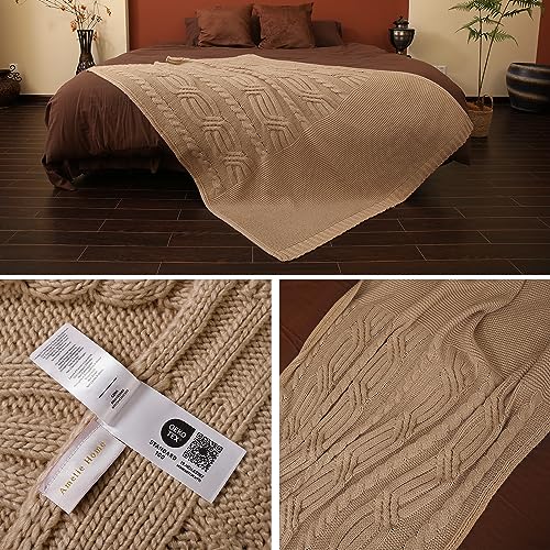 Amélie Home Cable Knit Throw Blanket, Soft Cozy Lightweight Knit Throw Blanket, Farmhouse Soft Fall Light Throw Blanket for Couch Sofa Bedroom, 50" x 60", Beige