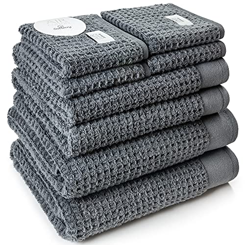 Softerry Waffle Bath Towel Set - 100% Soft Cotton - Plush and Extra Absorbent - Luxury Hotel & Spa Quality - Fade Resistant - Eco-Friendly (Space Gray, Set of 8)