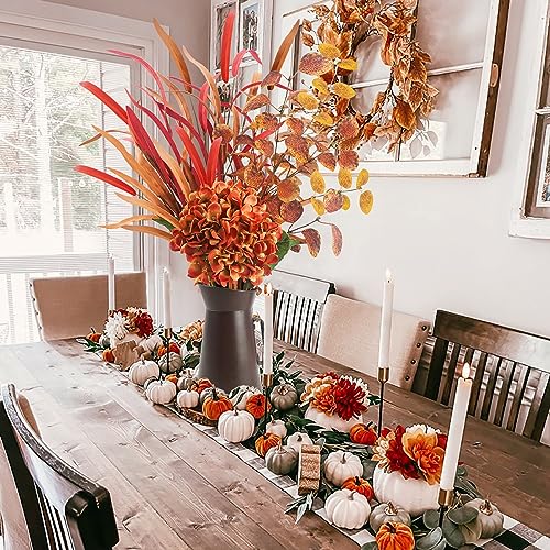 unlemoni Artificial Fall Flowers with Metal Pot, Orange Silk Fall Leaves Stems with Hydrangea & Eucalyptus for Autumn Thanksgiving Flowers Arrangement Wedding Table Centerpiece Fall Home Decorations