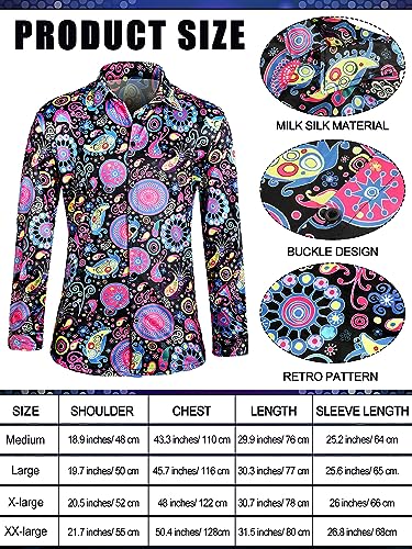 Mepase 6 Pcs Men 70s Disco Costumes Include Retro Shirt Bell Bottom Pants Sunglasses Necklace for Disco Party (Floral Style,Large)