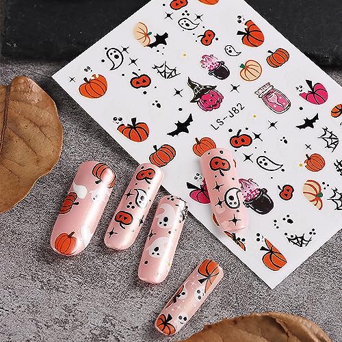 JMEOWIO 9 Sheets Halloween Nail Art Stickers Decals Self-Adhesive Pegatinas Uñas Cute Ghost Witchy Spider Web Bat Pumpkin Spook Nail Supplies Nail Art Design Decoration Accessories