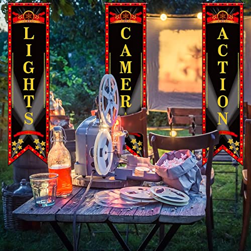 Tegeme Movie Night Porch Sign Banner Theme Party Decorations Theater Welcome Now Showing Lights Camera Action Hanging for Home Film Backdrop Supplies (Delicate Style, 3 Pieces)