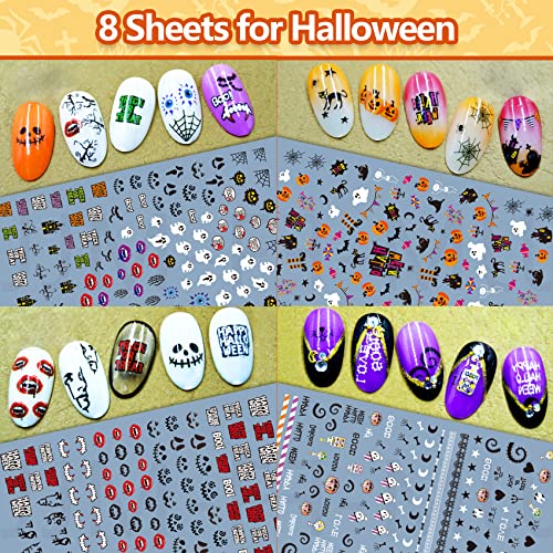 TailaiMei 16 Sheets Holiday Nail Stickers, Halloween & Thanksgiving Day Fall 3D Self-Adhesive Seasonal Nail Art Decals for Autumn DIY Nail Decorations