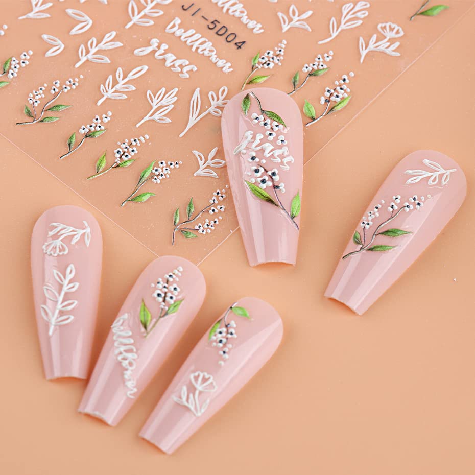 3D Embossed Flower Leaves Nail Art Stickers Decals 4 Sheets 5D Self-Adhesive Pegatinas Uñas Summer Nail Supplies Nail Art Design Decoration Accessories