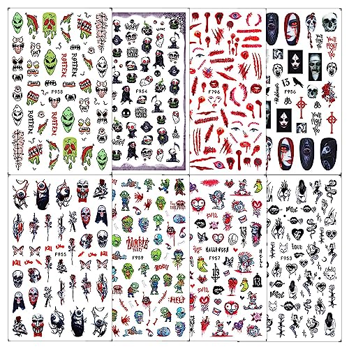 8 Sheets Halloween Nails Art Stickers Decals,Horror Skull Zombie Blood Rose Ghost Eyes Nail Sticker,Day of The Dead Nails Decals,3D Self-Adhesive Design for Women Manicure Decorations Supplies