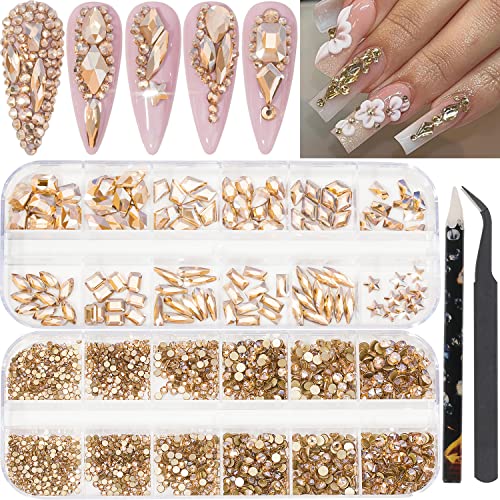 2920Pcs Champagne Gold Crystal Nail Rhinestones Round Flatback Rhinestones Multi Shape Nail Gemstones Gold Nail Glass Crystals Diamonds Jewelry for Nail Design Nail Rhinestones for Acrylic Nails kit