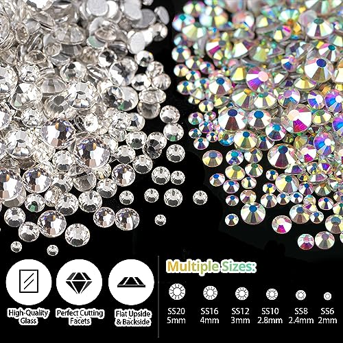 Rhinestones for Nails, Manicure Kit with Nail Rhinestone Glue Gel, 2-5mm Flatback Glass Crystal AB & Clear Gemstones and Colorful Resin Beads, Gem Glue for Nails (UV/LED Needed) with Dotting Tools