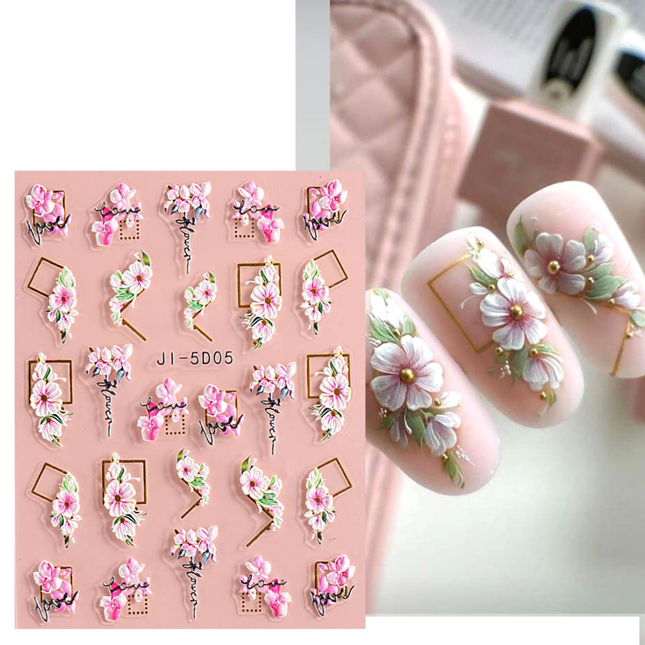 3D Embossed Flower Leaves Nail Art Stickers Decals 4 Sheets 5D Self-Adhesive Pegatinas Uñas Summer Nail Supplies Nail Art Design Decoration Accessories