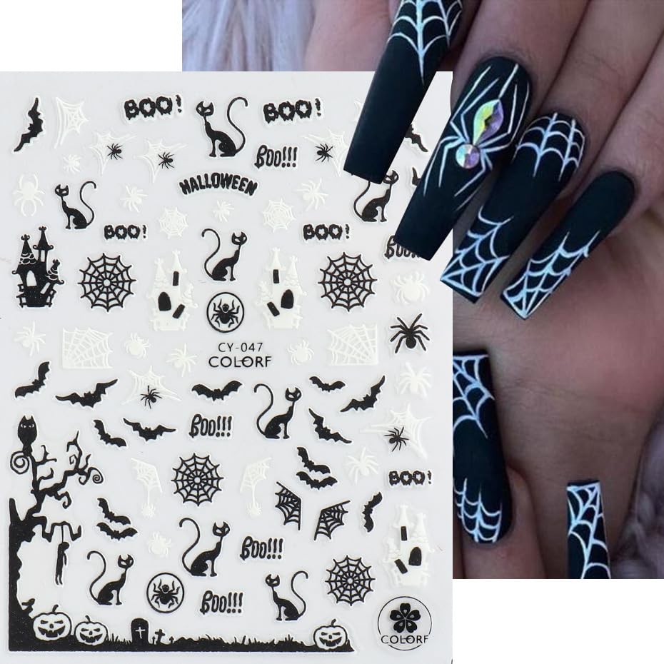 6 Sheets Halloween Nail Art Stickers Glow in Dark Nail Decals Skull Head, Bat, Spider Web, Cat, Alien Design Nail Stickers Luminous 3D Self Adhesive Decals Halloween Nail Decorations for Women Kids