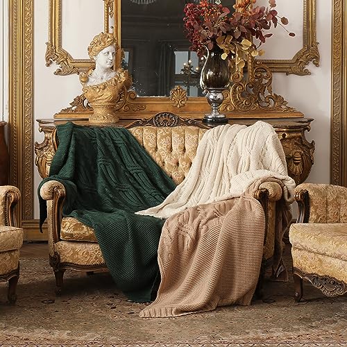 Amélie Home Cable Knit Throw Blanket, Soft Cozy Lightweight Knit Throw Blanket, Farmhouse Soft Fall Light Throw Blanket for Couch Sofa Bedroom, 50" x 60", Beige