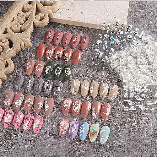 6 Sheets Embossed Flower Nail Art Stickers Decals Exquisite White Flower 5D Self-Adhesive Nail Art Supplies Yellow Pink Blue Lace Floral Nail Art Design Decoration Accessories for Women Manicure DIY