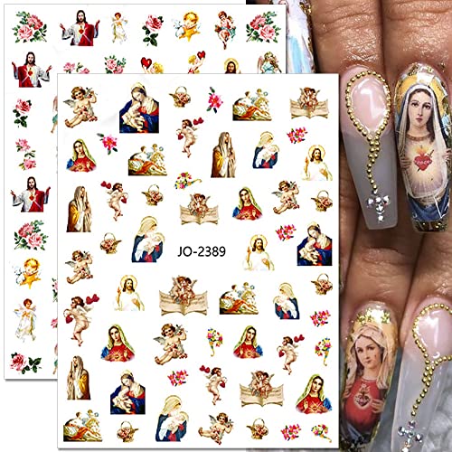 Dornail 12 Sheets Virgin Mary Nail Art Stickers, Christian Jesus San Judas Nail Stickers 3D Self-Adhesive Nail Design Baby Angel Wings Nail Decals for Women DIY Nail Decorations for Nail Art Supplies