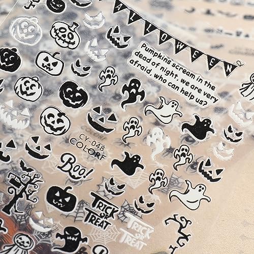 6 Sheets Halloween Nail Art Stickers Glow in Dark Nail Decals Skull Head, Bat, Spider Web, Cat, Alien Design Nail Stickers Luminous 3D Self Adhesive Decals Halloween Nail Decorations for Women Kids