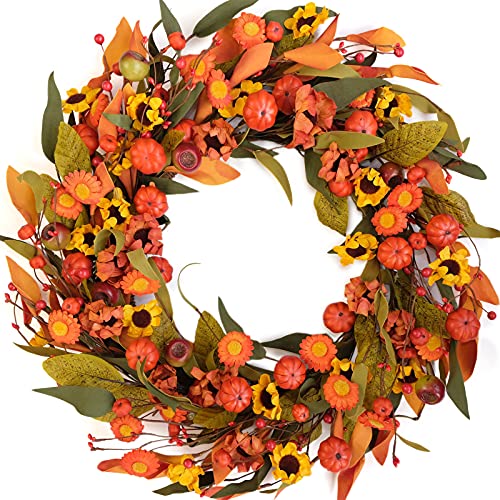 Bibelot Fall Wreath Artificial Pumpkin Wreath Green Leaves for Front Door Autumn Wreaths Farmhouse Home Office Wedding Party Wall Decor … (Pumpkin)