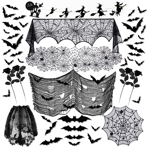 DAZONGE 42PCS Halloween Decorations - Halloween Spider Web Lace Mantel Scarf, Table Covers and Lampshade, Halloween Witches Garland, Creepy Cloth, 3D Bats for Halloween Decorations Indoor