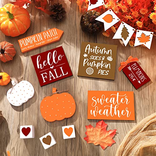 15 Pcs Fall Tiered Tray Decor Set Hello Fall Decor Autumn Wood Signs Thanksgiving Orange Brown Table Signs Wooden Maple Pumpkin Garland Football for Festival (Autumn)