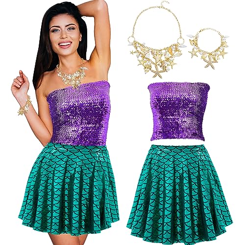 Newcotte 4 Pcs Mermaid Costume for Women Purple Sequin Mermaid Crop Tops Mermaid Skirts Mermaid Shell Necklace and Bracelet (Medium)