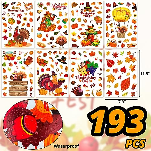 193 PCS Thanksgiving Window Clings Stickers Fall Decor, Double-Side Turkey Cling for Glass Window Thanksgiving Decorations for Home Party