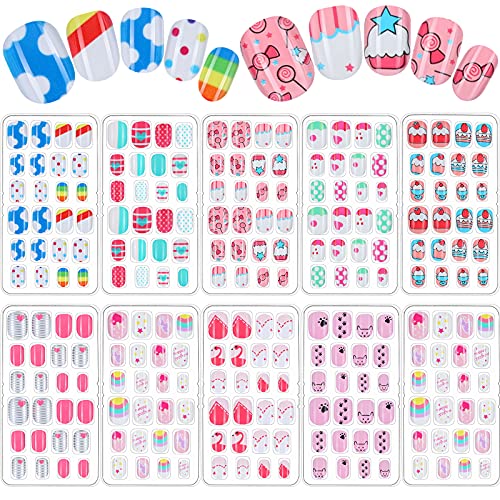 240 Pieces Children False Nails Kids Girls Press on Short Artificial Fake Nails Cute Pre Glue Full Cover Acrylic Nail Tip Kit for Children Little Girls Nail Decoration, 10 Boxes (Cute Cartoon)