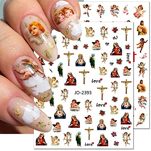 Dornail 12 Sheets Virgin Mary Nail Art Stickers, Christian Jesus San Judas Nail Stickers 3D Self-Adhesive Nail Design Baby Angel Wings Nail Decals for Women DIY Nail Decorations for Nail Art Supplies