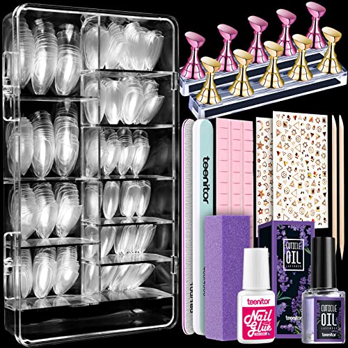 Clear Almond Nail Tips Full Cover, Teenitor Short Almond Nail Tips With Glue, 600pcs Clear Short Almond Fake Nails for Nail Extension, 2 Set Nail Stand for Press On Nails, Cuticle Oil, Nail File Buffer