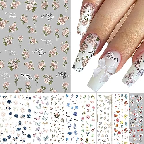 10 Sheets Flower Nail Stickers for Women, Leaves Floral Nail Art Stickers for Nail Designs, 3D Spring Nail Decals for Nail Art, Self Adhesive Nail Designs