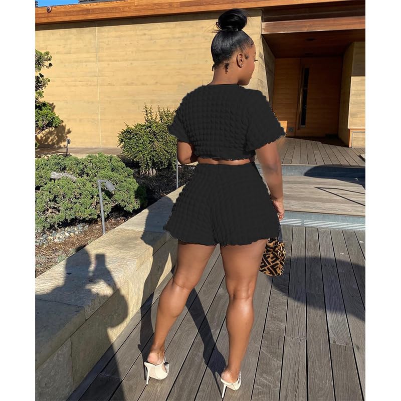 Women's Bubble 2 Piece Outfits Oversized Short Sleeve Crop Tops Elastic Waist Shorts Sets Jumpsuit Black